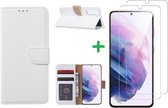 Samsung S21 FE hoesje bookcase Wit - Samsung Galaxy S21 FE hoesje portemonnee boek case - S21 FE book case hoes cover – Galaxy S21 FE screenprotector / 2X tempered glass