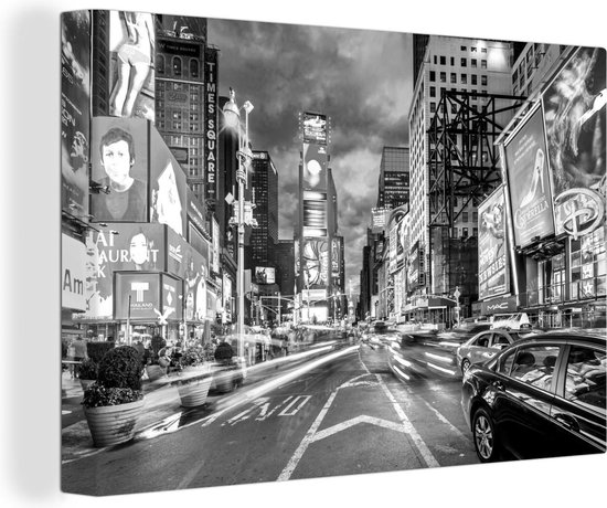 Canvas schilderij 150x100 cm - Wanddecoratie New York - Auto - Zwart - Wit - Muurdecoratie woonkamer - Slaapkamer decoratie - Kamer accessoires - Schilderijen