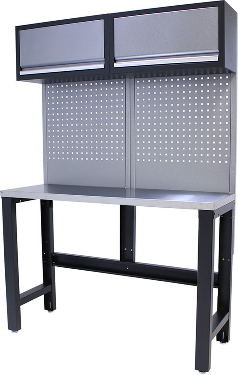Kraftmeister werkbank 136 cm - Werktafel met met gereedschapswand, 2 opbergkasten en RVS werkblad - Grijs