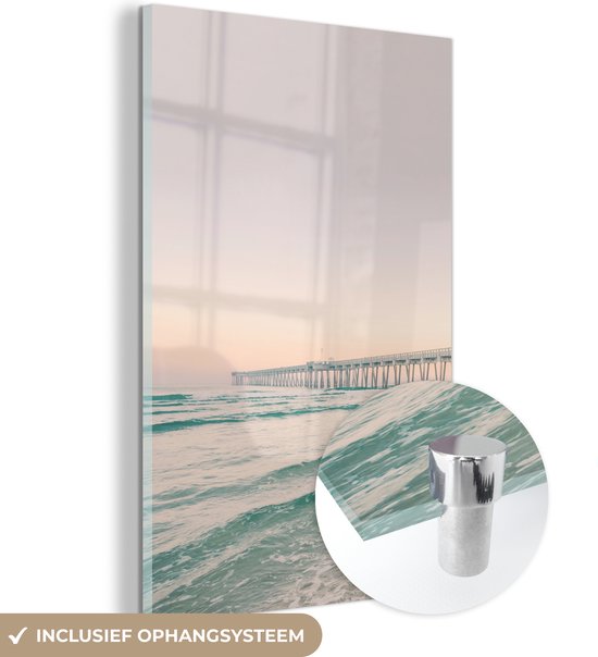 MuchoWow® Glasschilderij 80x120 cm - Schilderij acrylglas - Zee - Strand - Brug - Natuur - Zonsondergang - Foto op glas - Schilderijen