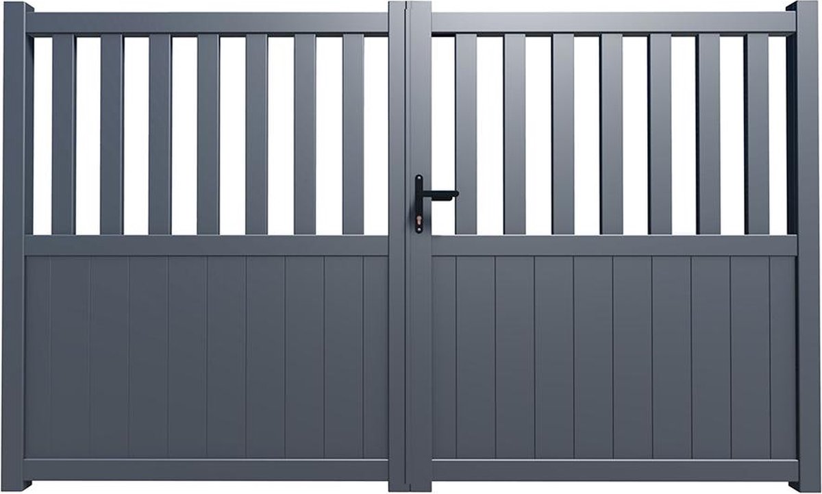 Opengewerkte aluminium draaipoort L343 x H140 cm antraciet BARTOS L 334 cm x H 133 cm x D 4.5 cm