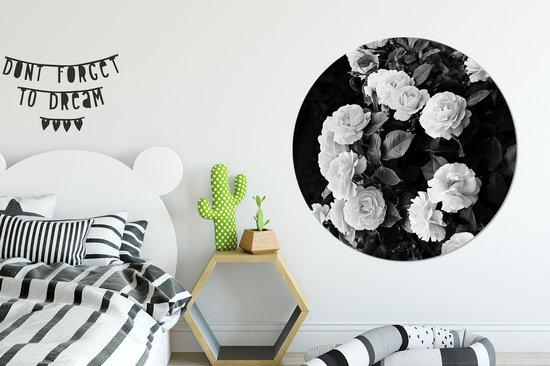 WallCircle - Wandcirkel - Muurcirkel - Bloemen - Zwart wit - Natuur - Planten - Rozen - Aluminium - Dibond - ⌀ 120 cm - Binnen en Buiten XXL