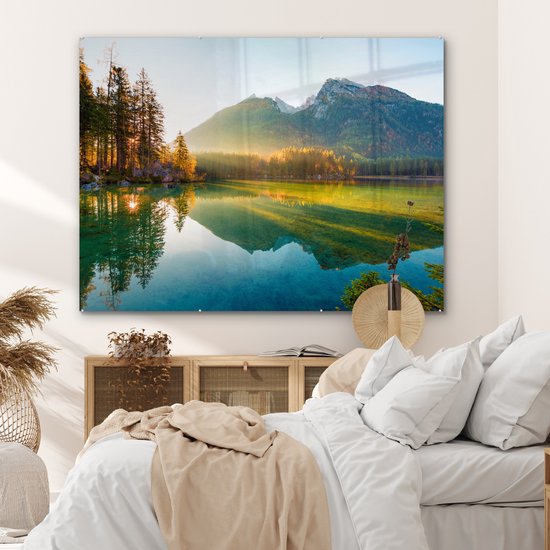 Peinture sur verre - Plaque acrylique - Lac - Water - Vert - Montagnes - Arbre - Décoration murale - Peinture sur verre - Verre acrylique - Photo sur verre - 160x120 cm - Peinture sur verre nature - Décoration murale