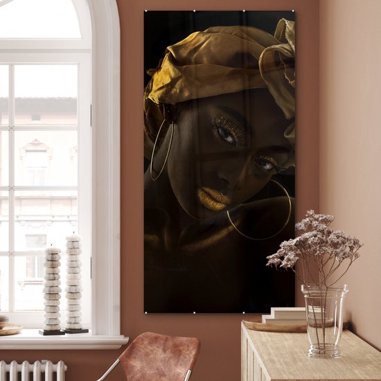 MuchoWow® Peinture sur Verre - Femmes - Foulard - Or - Luxe - 80x160 cm - Peintures sur Verre Acrylique - Photo sur Glas