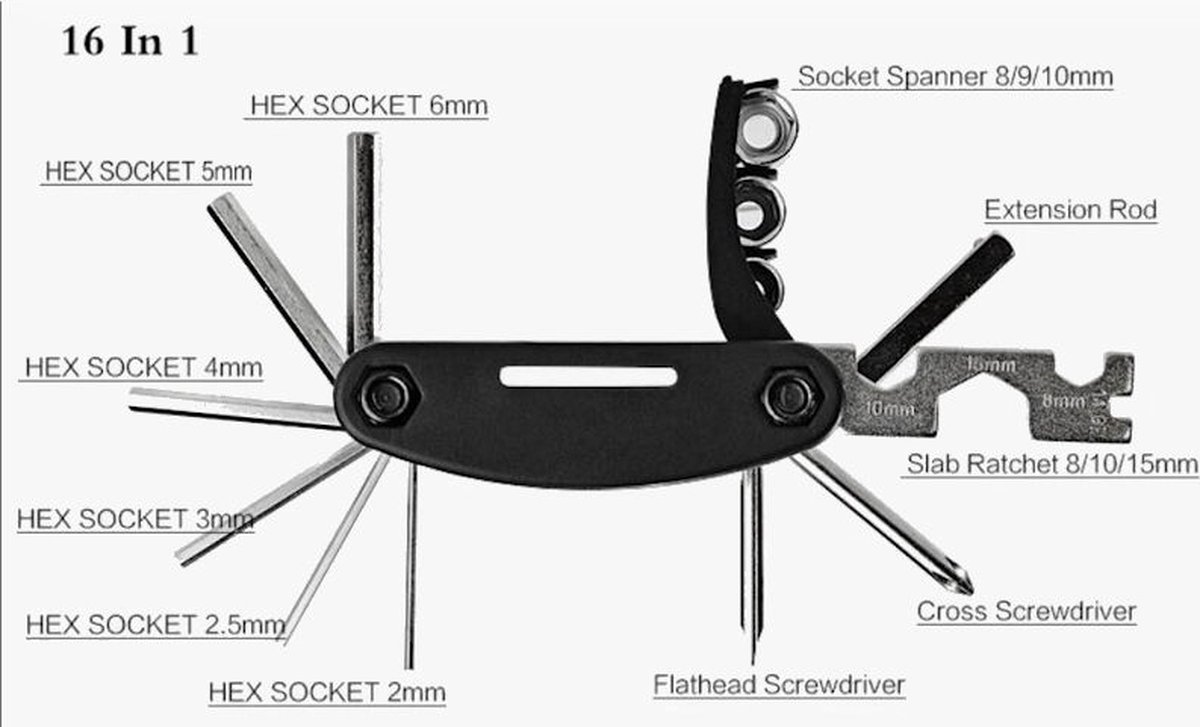 Multitool Fiets gereedschap reparatieset - 12 delige - Pocket Tool - Racefiets - Mtb - Toerfiets - Ebike - Fietsen thumbnail 7