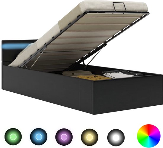 vidaXL-Bedframe-met-opslag-hydraulisch-LED-kunstleer-zwart-100x200-cm