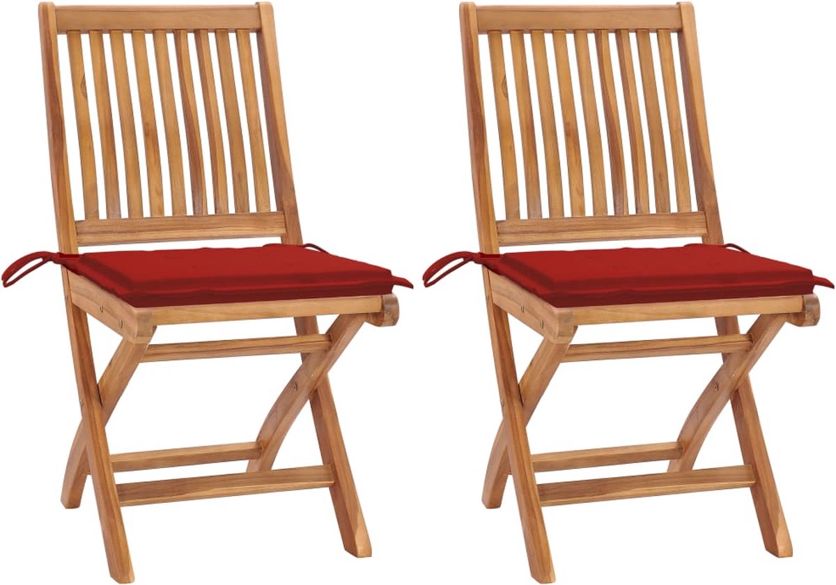 VidaXL Tuinstoelen 2 st met rode kussens massief teakhout