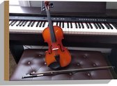 Hout - Rood- Bruine Viool met Strijkstrok tegen Piano - 40x30 cm - 9 mm dik - Foto op Hout (Met Ophangsysteem)