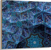 Hout - Blauw Bloemenpatroon op Tegels in Plafond - 100x100 cm - 9 mm dik - Foto op Hout (Met Ophangsysteem)