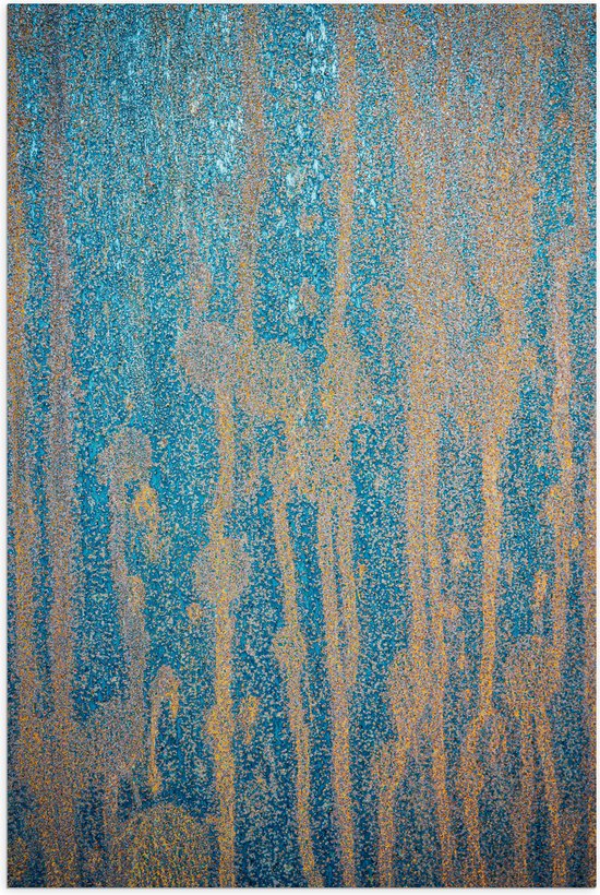 Poster Glanzend – Blauwe Abstracte Verfstrepen op Bruine Wand - 60x90 cm Foto op Posterpapier met Glanzende Afwerking