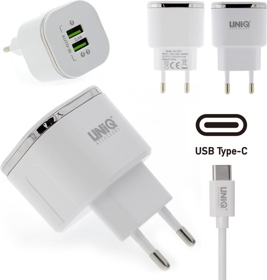UNIQ Accessory Dual Port 2.4A thuislader - USB Type-C - Wit