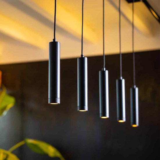 Hanglamp Miller | 5 lichts | zwart | metaal | in hoogte verstelbaar tot 200 cm | 120 cm breedt | eetkamer / eettafellamp | modern / sfeervol design