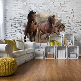 Fotobehang - Vlies Behang - Paarden uit de Bakstenen Muur - 3D - 152,5 x 104 cm