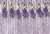 Fotobehang Wooden Wall Flowers Lavender | XXL - 312cm x 219cm | 130g/m2 Vlies