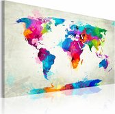 Schilderij - Wereldkaart - Kleuren Explosie, Multi-gekleurd , wanddecoratie , premium print op canvas