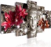 Schilderij - Boeddha - Overpeinzing in Zilver, 5luik , premium print op canvas