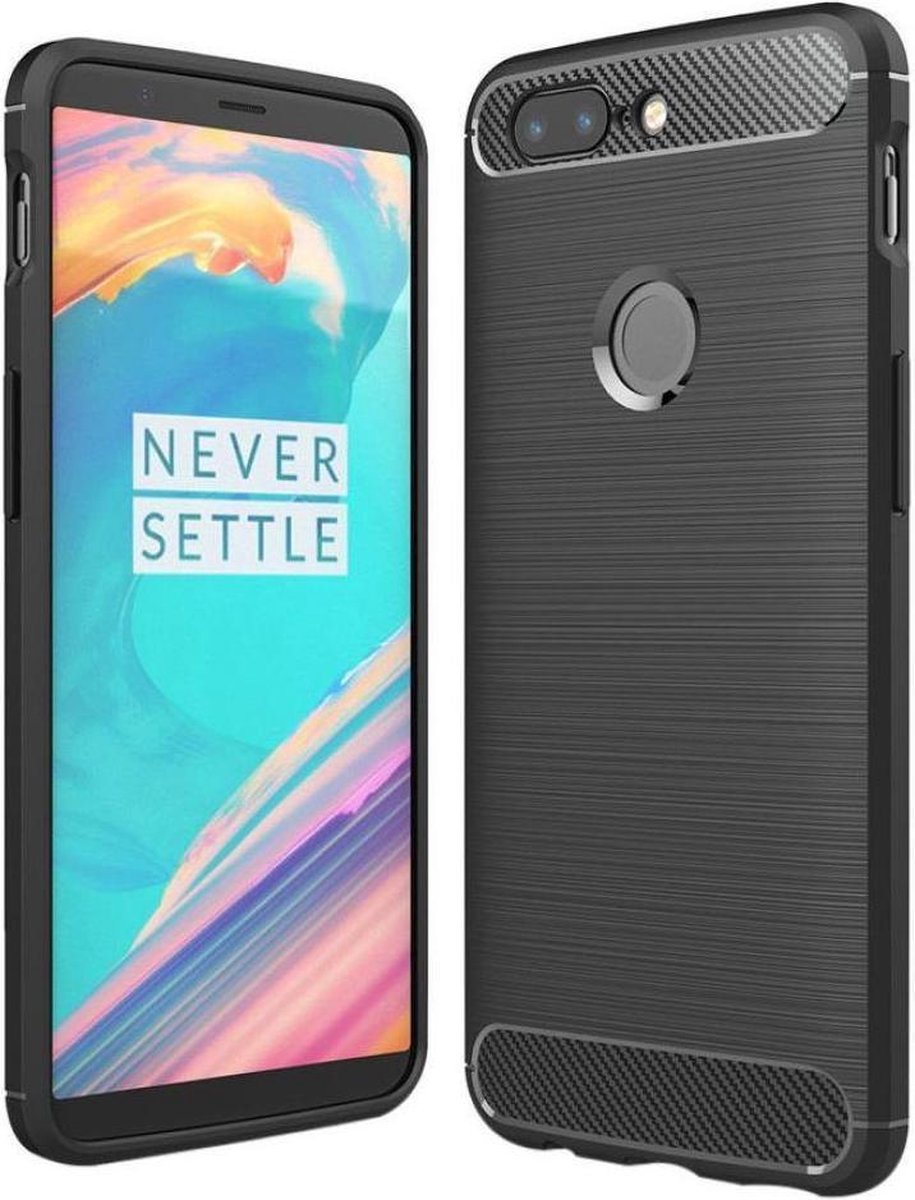 Geborsteld TPU Hoesje Geschikt voor OnePlus 5T | Beschermhoes | Back Cover | Flexibel TPU | Stijlvol Carbon | Dun | Zwart