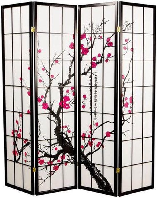 Fine Asianliving Japanse Kamerscherm B180xH180cm 4 Panelen Shoji Rijstpapier Zwart - Sakura
