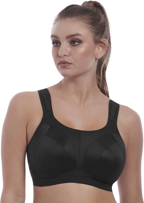 Soutien-gorge de sport noir Freya à bretelles larges et panneau en maille à pois sur le devant.
