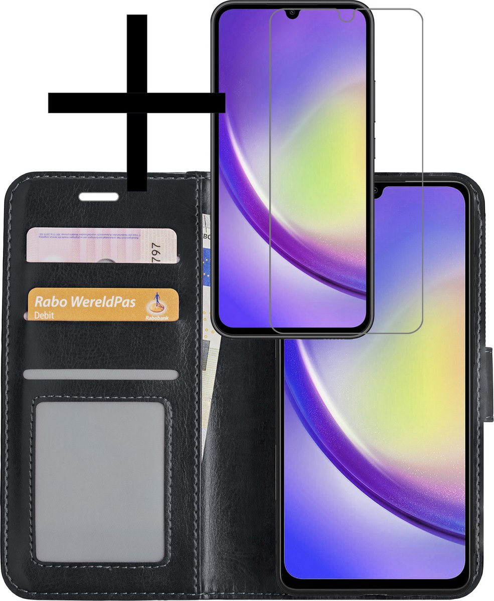 Hoesje - Met Screenprotector - Geschikt voor Samsung Galaxy A34 - Luxe Pasjeshouder - Bookcase Portemonee - Flip Case - Kunstleer Book Case - Flipcase - Book Cover - Walletcase - Portemonneehoes - Zwart
