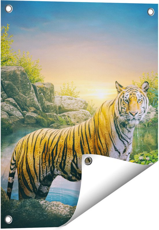 Gards Tuinposter Luipaard in een Vijver bij Zonsondergang - 40x50 cm - Tuindoek - Tuindecoratie - Wanddecoratie buiten - Tuinschilderij