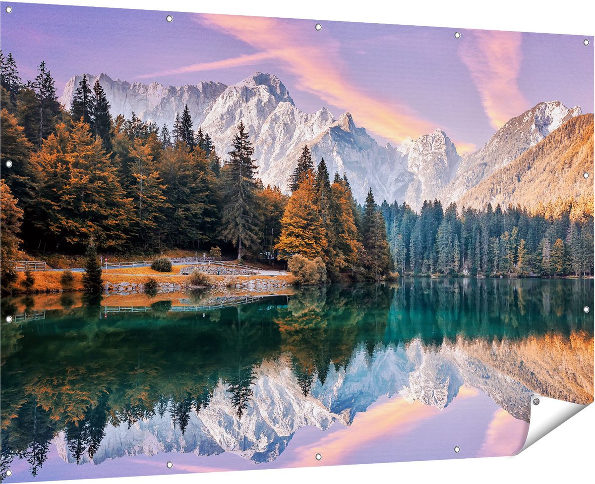 Gards Tuinposter Meer met Weerspiegeling van de Bergen - 180x120 cm - Tuindoek - Tuindecoratie - Wanddecoratie buiten - Tuinschilderij Multikleur