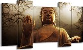 GroepArt - Schilderij - Boeddha - Bruin, Grijs, Wit - 120x65 5Luik - Foto Op Canvas - GroepArt 6000+ Schilderijen 0p Canvas Art Collectie - Wanddecoratie