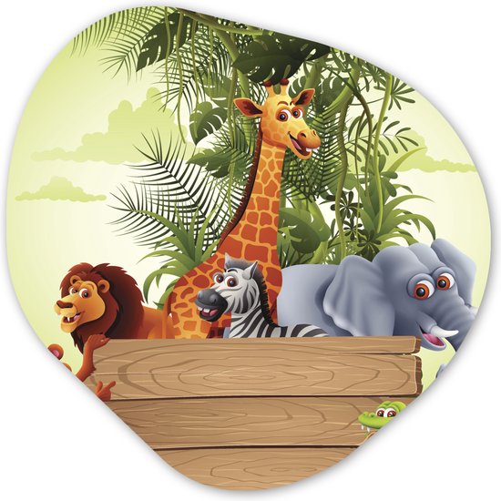 Organische Wanddecoratie - Kunststof Muurdecoratie- Organisch Schilderij - Jungle dieren - Natuur - Planken - Kinderen - Giraffe- 90x90 cm - Organische spiegel vorm op kunststof