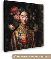 Canvas Schilderij Vrouw - Asian - Kimono - Bloemen - Portret - 90x90 cm - Wanddecoratie