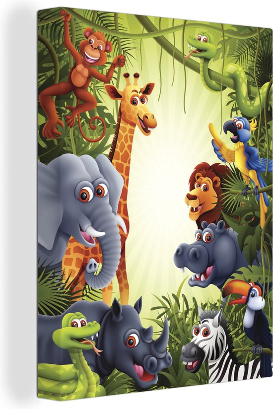 Canvas Schilderij Jungle - Jongens - Meiden - Baby - Olifant - Leeuw - Giraf - 90x120 cm - Wanddecoratie