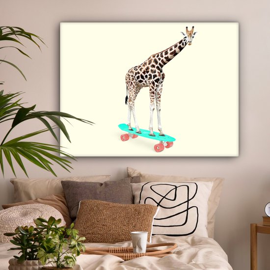 Canvas schilderij - Foto op canvas- Giraffe - Patroon - Skateboard - Roze - Dieren - 120x90 cm - Wanddecoratie
