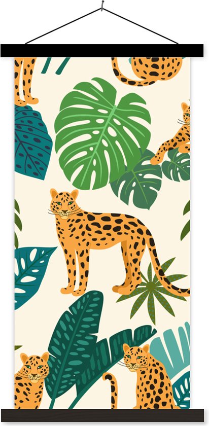 Posterhanger incl. Poster 60x120 cm - Schoolplaat - Jungle - Luipaard - Planten - Patroon - Meiden - Jongens - Textielposter - Zwarte latten