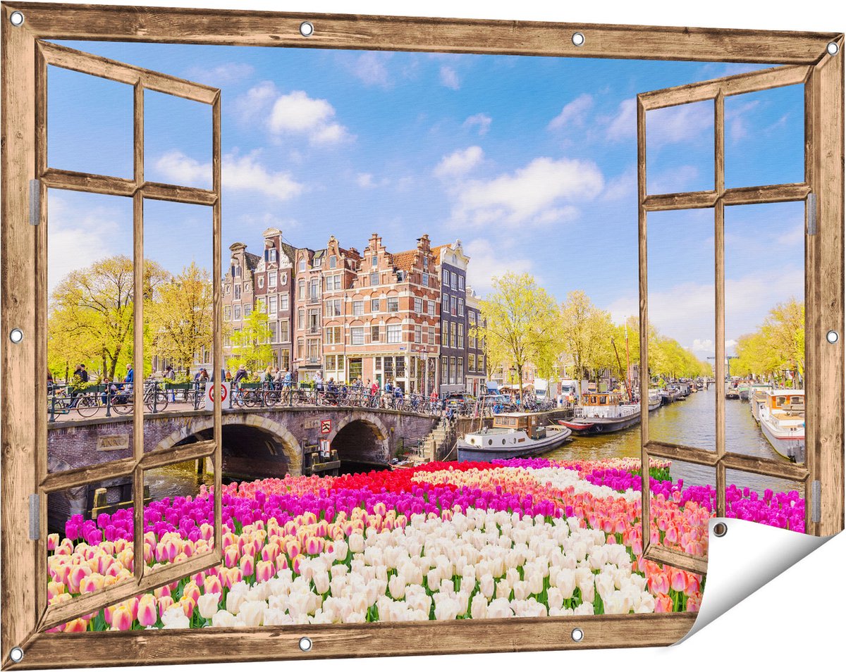 Gards Tuinposter Doorkijk Amsterdamse Huisjes aan de Grachten - 120x80 cm - Tuindoek - Tuindecoratie - Wanddecoratie buiten - Tuinschilderij licht bruin