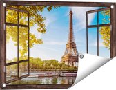 Gards Tuinposter Doorkijk Eiffeltoren in Parijs aan het Water - 60x40 cm - Tuindoek - Tuindecoratie - Wanddecoratie buiten - Tuinschilderij