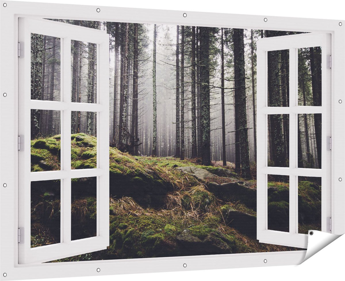 Gards Tuinposter Doorkijk Bos met Mos op Rotsen - 180x120 cm - Tuindoek - Tuindecoratie - Wanddecoratie buiten - Tuinschilderij Multikleur