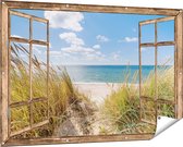 Gards Tuinposter Doorkijk Strand en Zee vanuit Duinen - 150x100 cm - Tuindoek - Tuindecoratie - Wanddecoratie buiten - Tuinschilderij