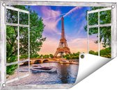 Gards Tuinposter Doorkijk Eiffeltoren in Parijs aan het Water - Kleur - 60x40 cm - Tuindoek - Tuindecoratie - Wanddecoratie buiten - Tuinschilderij