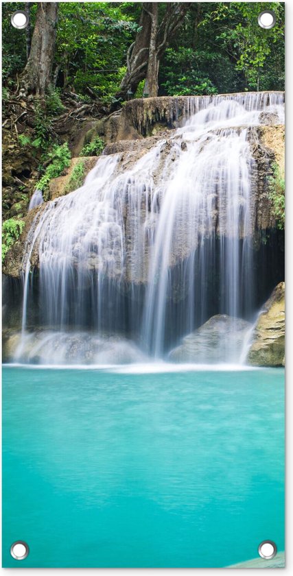 Tuinposter - Waterval - Water - Natuur - Steen - Bomen - 30x60 cm - Tuindoek - Schuttingposter - Tuinposter waterval