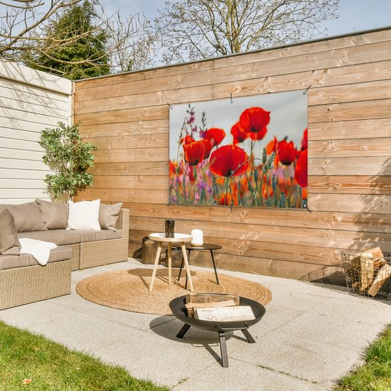 Tuinschilderij - Bloemen - Klaproos - Rood - Tuin - 120x80 cm - Schuttingdoek - Tuinposter - Tuindecoratie - Tuindoek - Buitenposter