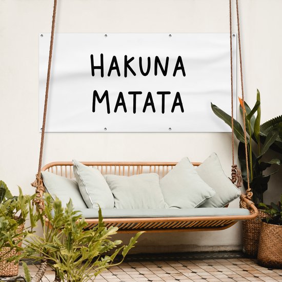 Tuinposter tekst - Hakuna matata - Hartje - Wit - Tuinschilderij voor buiten - Tuindoek - Tuin - Tuindecoratie - Schutting decoratie - 160x80 cm - Schuttingdoek - Buitenposter