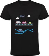 Vliegtuig, auto's en een boot Kinder T-shirt 128 | voertuigen | vliegen | auto | zee