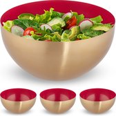 Relaxdays 4x saladeschaal - 3,5 liter - rood-goud - slakom - mengkom - Ø 25cm - rvs