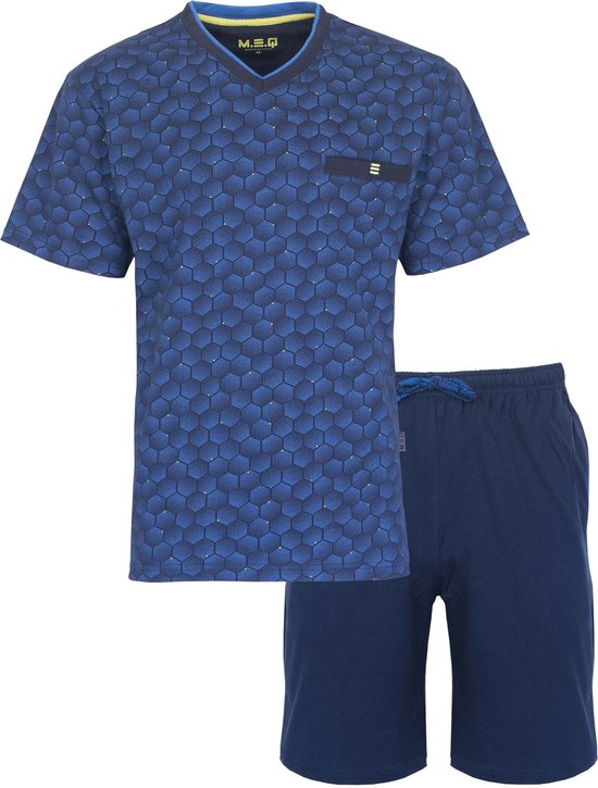 MEQ Heren Shortama - Pyjama Set - 100% Katoen - Blauw - Maat S