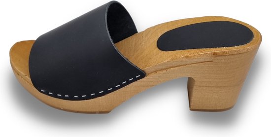 Matt black heels - hak 7cm - nubuck leer - houten zool - open toe