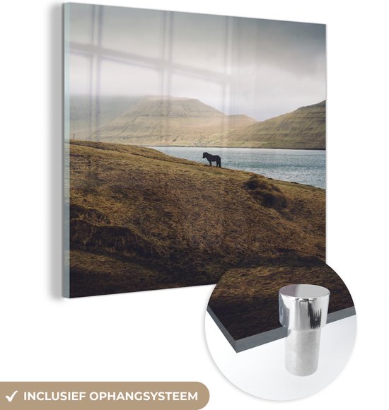 MuchoWow® Glasschilderij 20x20 cm - Schilderij acrylglas - Paard - Berg - Landschap - Foto op glas - Schilderijen