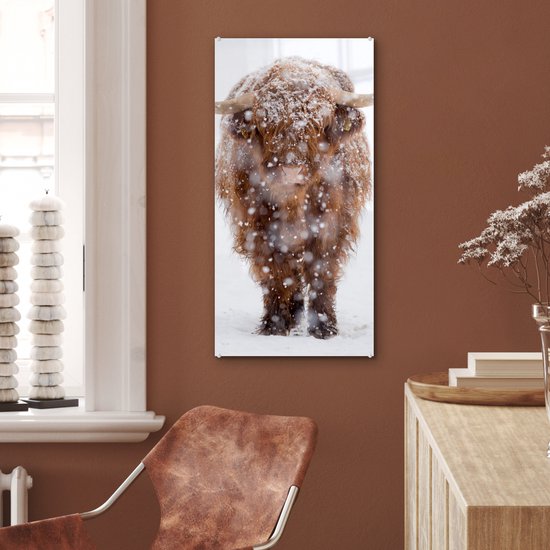 MuchoWow® Peinture sur verre 40x80 cm - Peinture acrylique sur verre - Highlander écossais - Vache - Neige - Photo sur verre - Peintures