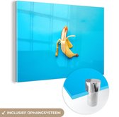 MuchoWow® Glasschilderij 30x20 cm - Schilderij acrylglas - Banaan - Oranje - Blauw - Foto op glas - Schilderijen