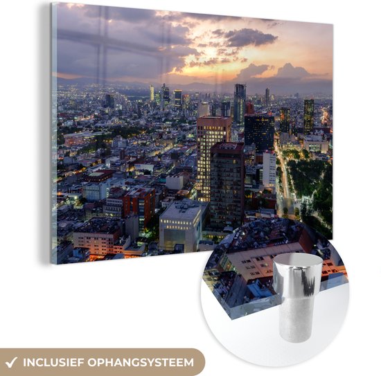 MuchoWow® Glasschilderij 120x80 cm - Schilderij acrylglas - Mexico City Skyline - Foto op glas - Schilderijen