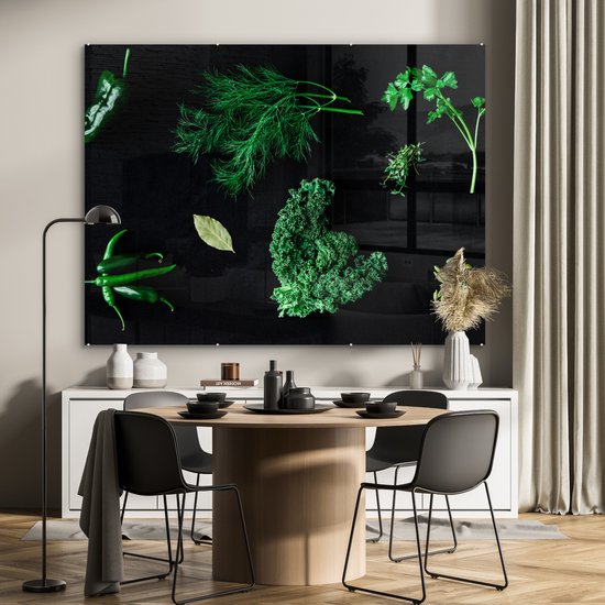 MuchoWow® Peinture sur Verre - Épices et Herbes sur Fond Noir - 160x120 cm - Peintures sur Verre Acrylique - Photo sur Glas