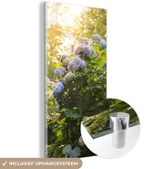 MuchoWow® Glasschilderij 20x40 cm - Schilderij acrylglas - Gele hortensia's in de tuin - Foto op glas - Schilderijen